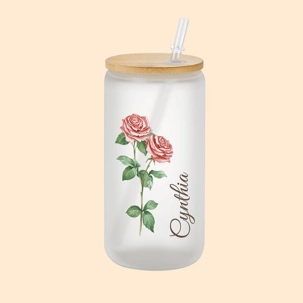 Watercolor Birth Flower Glass Tumbler with Bamboo Lid
