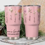 Personalized Watercolor Birth Flower 30oz Insulated Tumbler with Name and Love Grows Here Quote Birthday Gift for Mom Grandma