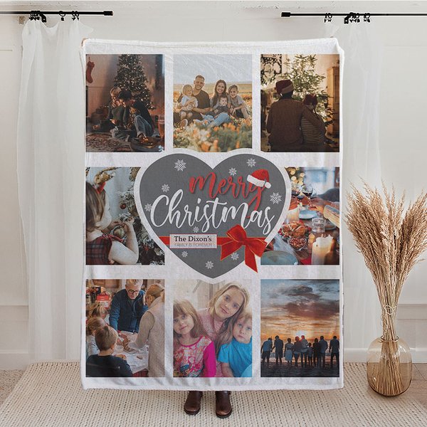 Couverture Flanelle ou Sherpa Personnalisée avec 8 Photos de Collage et Nom Cadeau de Noël pour Famille Amis
