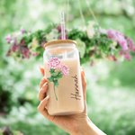 Personalized Watercolor Birth Flower 20oz Frosted Glass Tumbler Floral Coffee Cup with Bamboo Lid and Straw Birthday Gift for Women
