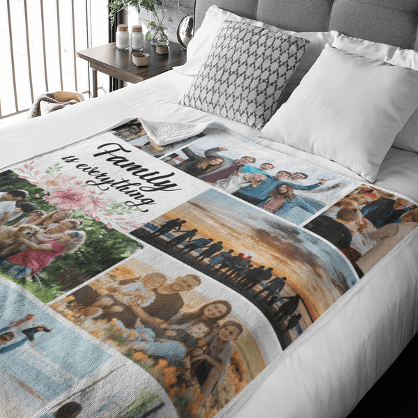 Personalised Family Is Everything Blanket with 9 Photos Collage Birthday Thanksgiving Christmas Gift for Family