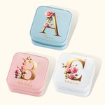 Personalized Metallic Color Initial Jewelry Box with Name Rose Portable Travel Accessory Wedding Birthday Gift for Women Girls