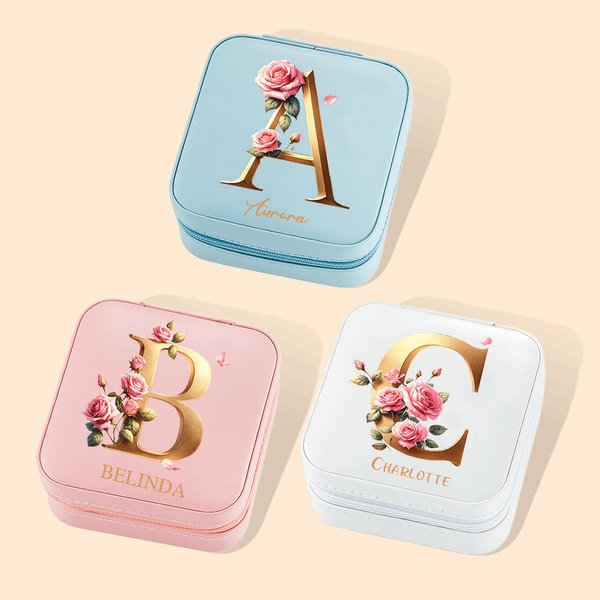 Personalised Metallic Colour Initial Jewellery Box with Name Rose Portable Travel Accessory Wedding Birthday Gift for Women Girls