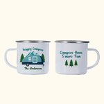 Gepersonaliseerde Happy Camper 11oz emaille mok caravan dennenboom koffiebeker verjaardagscadeau voor camping outdoor reizen liefhebber