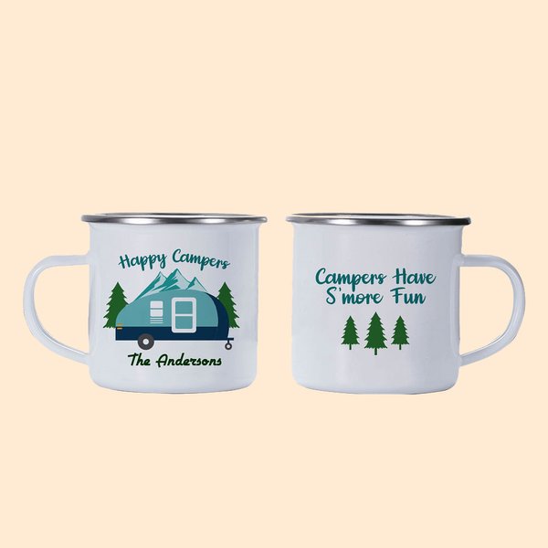 Gepersonaliseerde Happy Camper 11oz emaille mok caravan dennenboom koffiebeker verjaardagscadeau voor camping outdoor reizen liefhebber