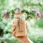 Personalised Zodiac Birth Flower 20oz Glass Tumbler Floral Coffee Cup with Bamboo Lid and Straw Birthday Gift for Women