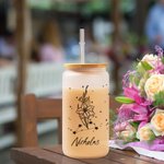 Personalised Zodiac Birth Flower 20oz Glass Tumbler Floral Coffee Cup with Bamboo Lid and Straw Birthday Gift for Women