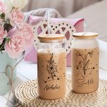 Personalised Zodiac Birth Flower 20oz Glass Tumbler Floral Coffee Cup with Bamboo Lid and Straw Birthday Gift for Women