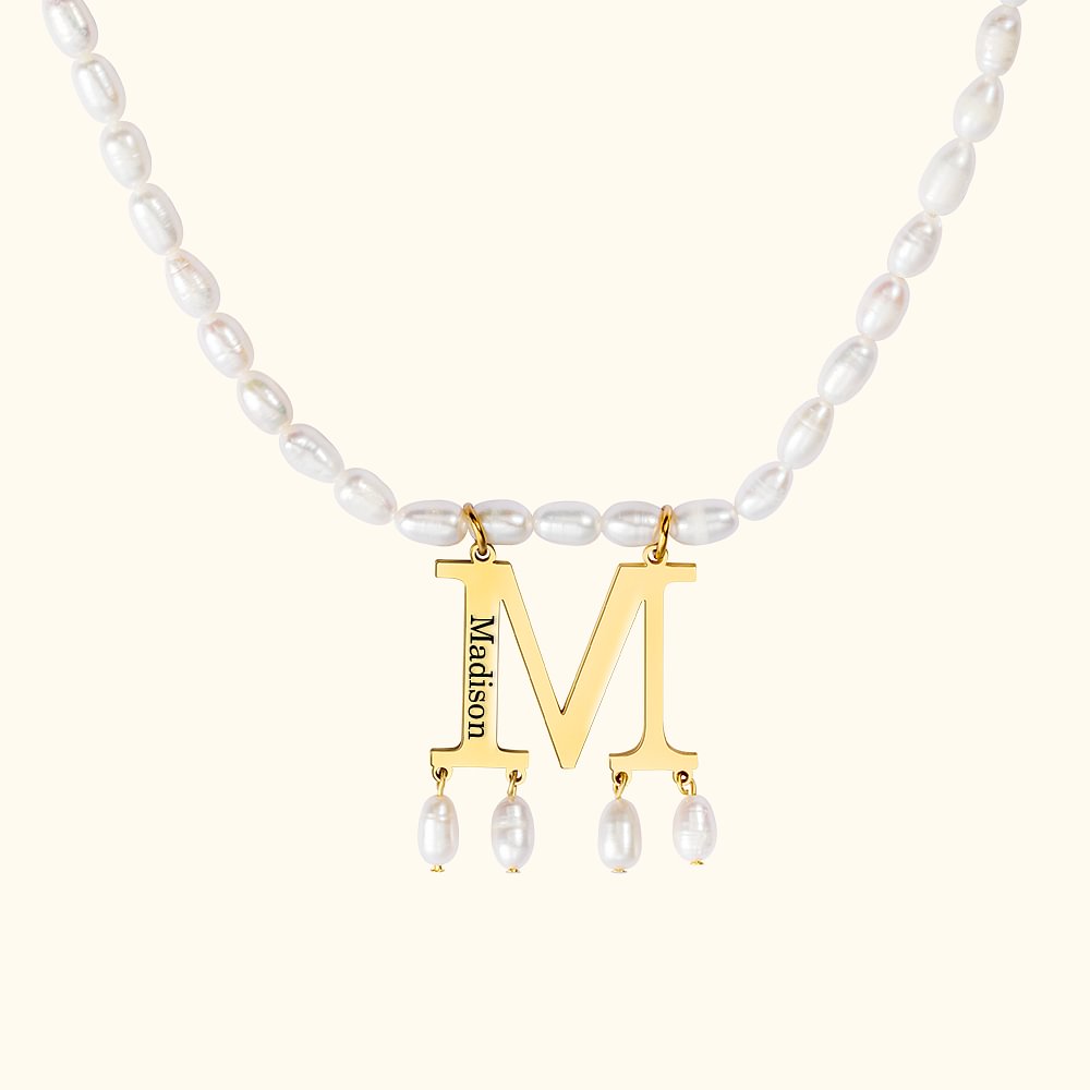 Collier Perle Prénom Personnalisé Gravé sur Pendentif Initiale Cadeau Anniversaire pour Femme