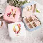 Personalized Metallic Color Initial Jewelry Box with Name Rose Portable Travel Accessory Wedding Birthday Gift for Women Girls
