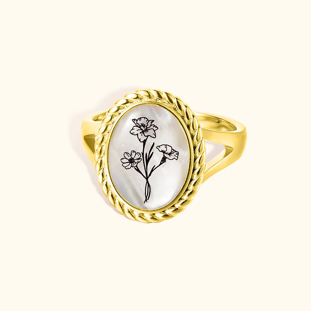 Personnalisé 1-4 Bouquet de fleurs de naissance Bague gravée Bijoux en nacre Cadeau d'anniversaire de la fête des mères pour les femmes