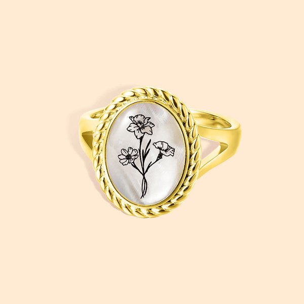 Gepersonaliseerde 1-4 Geboorte Bloemen Boeket Gegraveerde Ring Parelmoer Sieraden Moederdag Verjaardagscadeau voor vrouwen