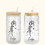 Personalised Zodiac Birth Flower 20oz Glass Tumbler Floral Coffee Cup with Bamboo Lid and Straw Birthday Gift for Women