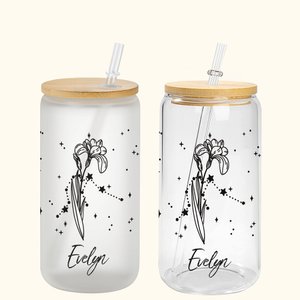 Personalisierte Zodiac Geburt Blume 20oz Glas Tumbler florale Kaffeetasse mit Bambusdeckel und Stroh Geburtstag Geschenk für Frauen