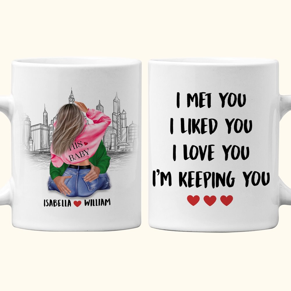 Mug céramique blanc personnalisé I Met You I Liked You I Love You I'm Keeping You Cadeau d'anniversaire de St Valentin pour couple