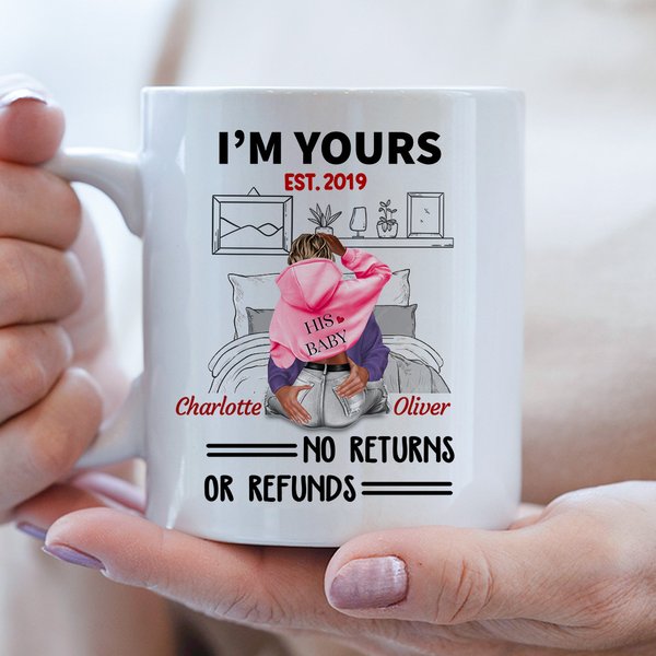Personalized Cozy Bed I'm Yours No Returns or Refunds Couple Hug Ceramic Mug with Names Valentine's Day Anniversary Gift for Him Her