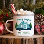 Gepersonaliseerde Happy Camper 11oz emaille mok caravan dennenboom koffiebeker verjaardagscadeau voor camping outdoor reizen liefhebber