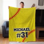 Manta de lana amarilla de softball personalizada con nombre y número Regalo de cumpleaños para un amante del softball