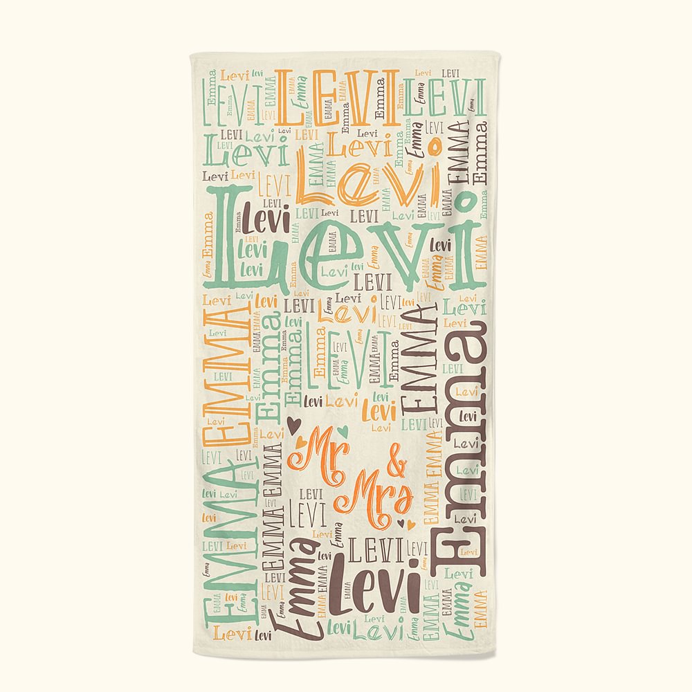 Asciugamano da spiaggia personalizzato multicolore con nuvola di parole super assorbente Regalo di San Valentino per la coppia