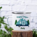 Gepersonaliseerde Happy Camper 11oz emaille mok caravan dennenboom koffiebeker verjaardagscadeau voor camping outdoor reizen liefhebber