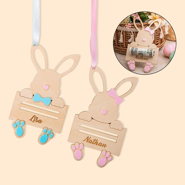 Personalized Rabbit Bunny Money Holder Basket Tags with Engraved Name Easter Gift for Kids