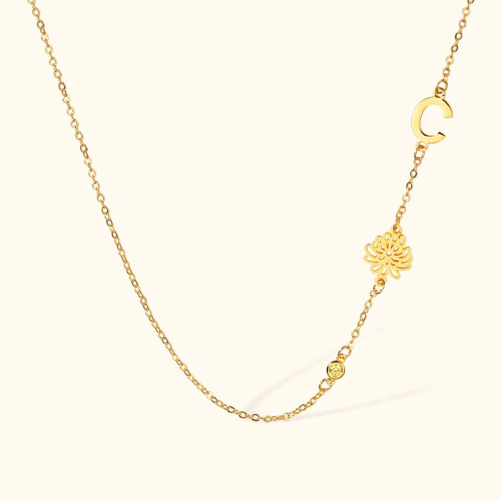 Collier Personnalisé Initiale Fleur et Pierre de Naissance Style Sideway Cadeau Anniversaire Fête pour Femme
