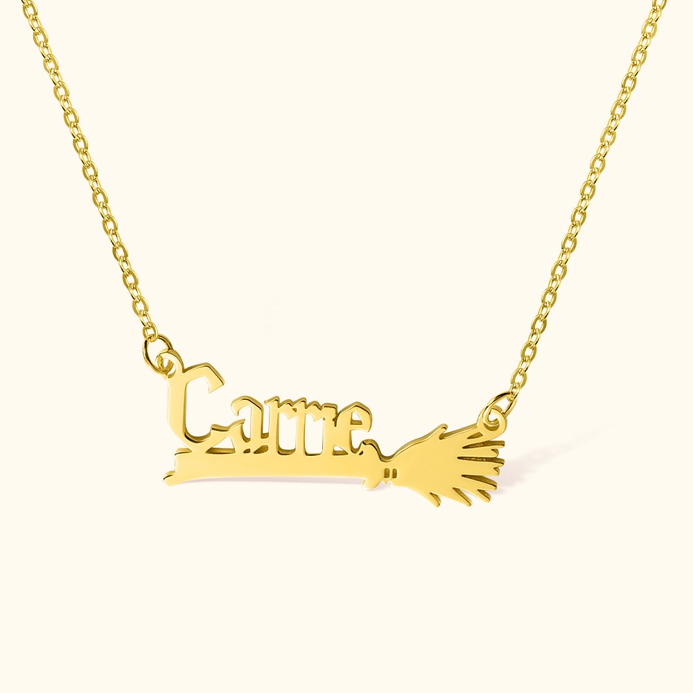Collier Barre Prénom Personnalisé Pendentif Balai de Sorcier Cadeau Anniversaire Fête Soirée