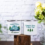 Gepersonaliseerde Happy Camper 11oz emaille mok caravan dennenboom koffiebeker verjaardagscadeau voor camping outdoor reizen liefhebber