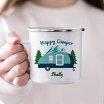 Gepersonaliseerde Happy Camper 11oz emaille mok caravan dennenboom koffiebeker verjaardagscadeau voor camping outdoor reizen liefhebber