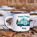 Gepersonaliseerde Happy Camper 11oz emaille mok caravan dennenboom koffiebeker verjaardagscadeau voor camping outdoor reizen liefhebber