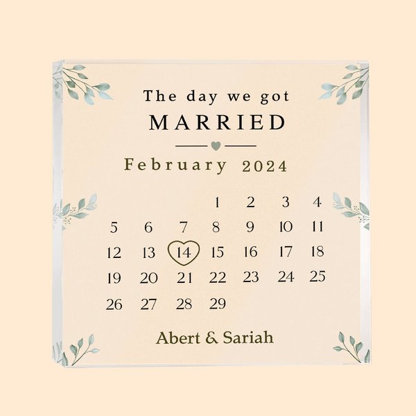 Calendario personalizzato Il giorno in cui ci siamo sposati Targa quadrata in acrilico con nomi di coppia Regalo di nozze di San Valentino per la copp