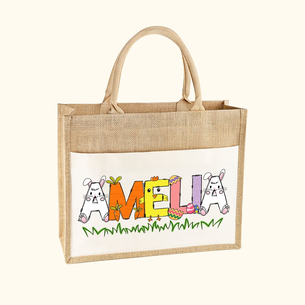 Sac en Toile et Jute Personnalisé avec Nom Cadeau de Pâques pour Enfant Famille