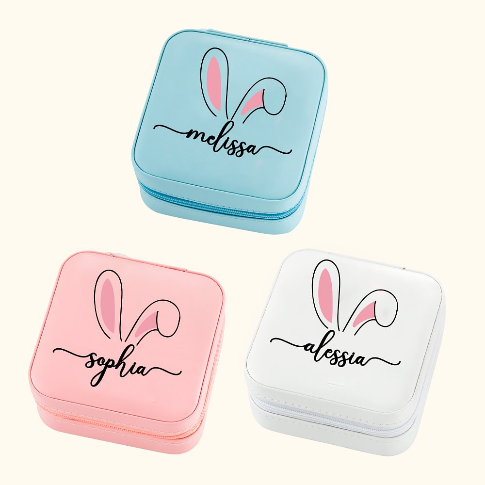 Boîte à Bijoux en Cuir avec Motif d'Oreille Lapin Écrin Personnalisé avec Nom Cadeau Anniversaire Pâques pour Femme