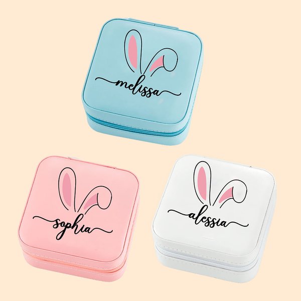 Cute Rabbit Ears Pattern Leather Jewelry Box with Name