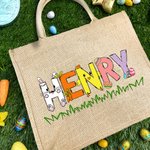 Sac en Toile de Jute Motif Lapin Style Pâques Sac Personnalisé avec Nom Cadeau Anniversaire Pâques pour Enfant
