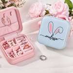 Personalised Cute Rabbit Ears Pattern Leather Jewellery Box with Name Water Proof Portable Birthday Easter Gift for Women Girls