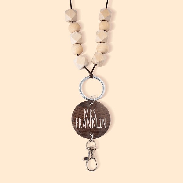 Boho Beaded Lanyard ID Badge Reel Wood Name Disc