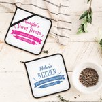 Set de 2 agarraderas personalizadas con nombre y texto para cocinero, amante de la repostería y jefe de cocina.
