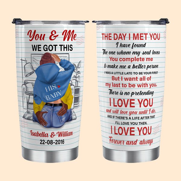 Bicchiere in acciaio inox da 20 oz con nomi e parole d'amore personalizzato per San Valentino, regalo di anniversario per una coppia.