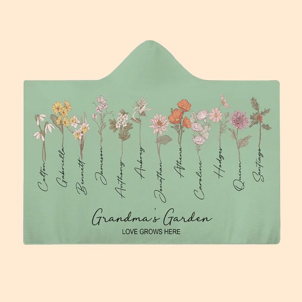 Couverture à Capuche Personnalisée avec 1-15 Noms et Fleurs de Naissance Couverture Super Douce Thème Jardin de Grand-Mère Cadeau pour Famille