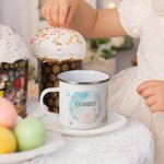 Personalisierte Emaille-Tasse 325 ml mit Aquarell Osterhasen und Namen Frohe Ostern Emaille-Becher Geschenk für Kinder