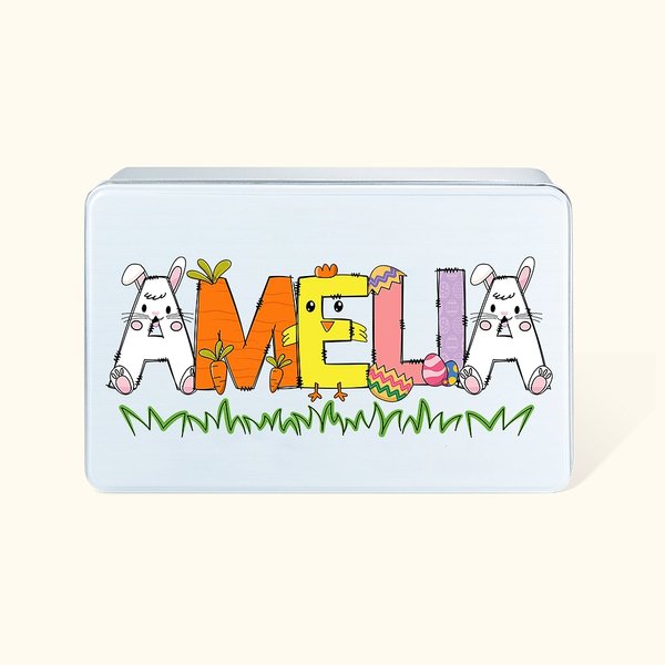 Personalizzato carino pollo coniglietto modello lettere Biscuit Tin con nome Food Grade metallo regalo di Pasqua per i bambini