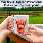 Mug en Porcelaine 330ml Motif Boeuf Highland avec Bonnet Noël Tasse Personnalisé avec Nom Cadeau Noël Pour Famille Amis