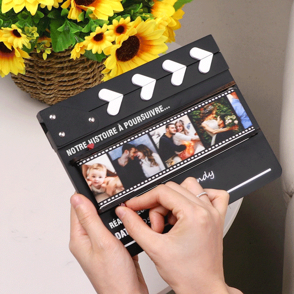 Claquette en Bois Personnalisée avec Photos Roulantes et Conception du Film Cadeau Romantique Saint-Valentin Anniversaire pour Couple