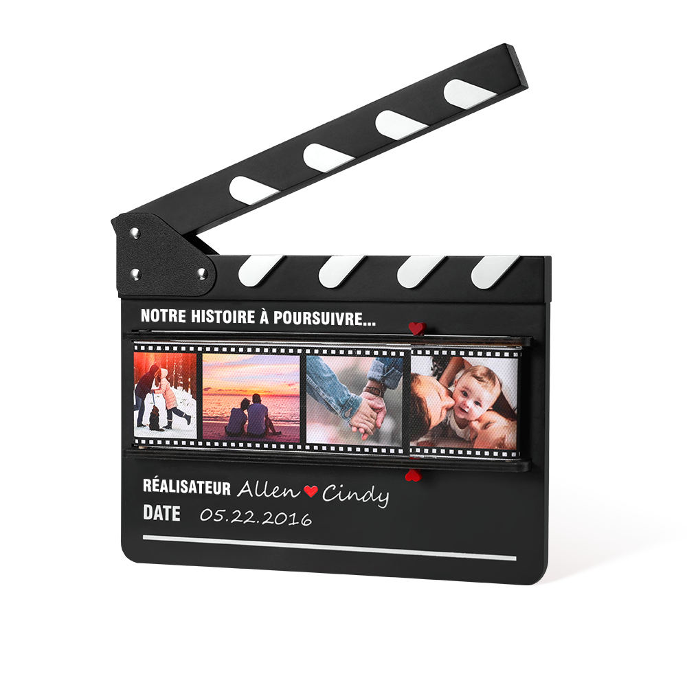 Claquette en Bois Personnalisée avec Photos Roulantes et Conception du Film Cadeau Romantique Saint-Valentin Anniversaire pour Couple