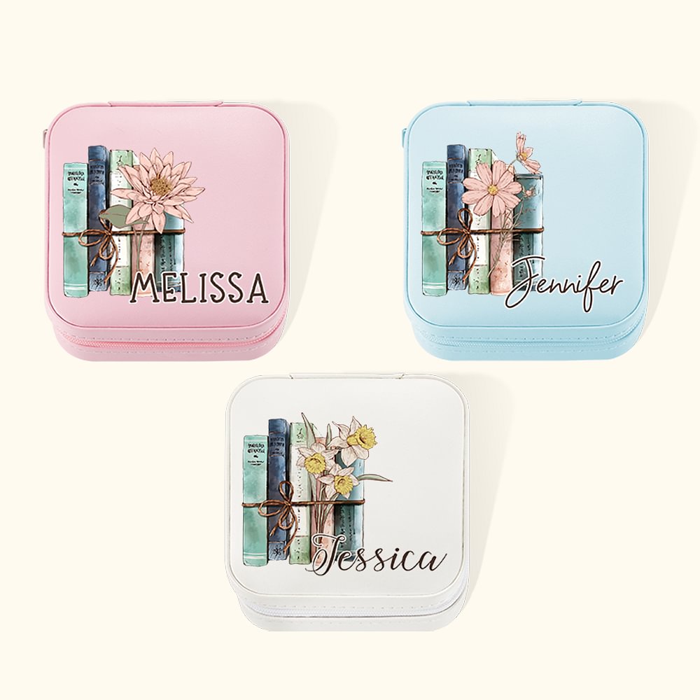 Boîte à Bijoux Personnalisée avec Nom et Fleurs de Naissance Accessoire de Voyage Cadeau Anniversaire Mariage pour Femme Amateur des Livres