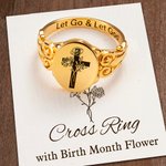 Personalizado Cruz Nacimiento Flor Ramo Signet Anillo Let Go And Let God Anillo Cristiano Joyería Grabada Bautizo Día de la Madre Regalo para Mujer