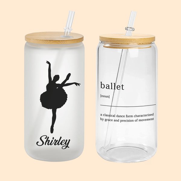 Personalized Dance Ballerina Silhouette 20oz Name Glass Cup with Bamboo Lid and Straw Birthday Anniversary Gift for Her