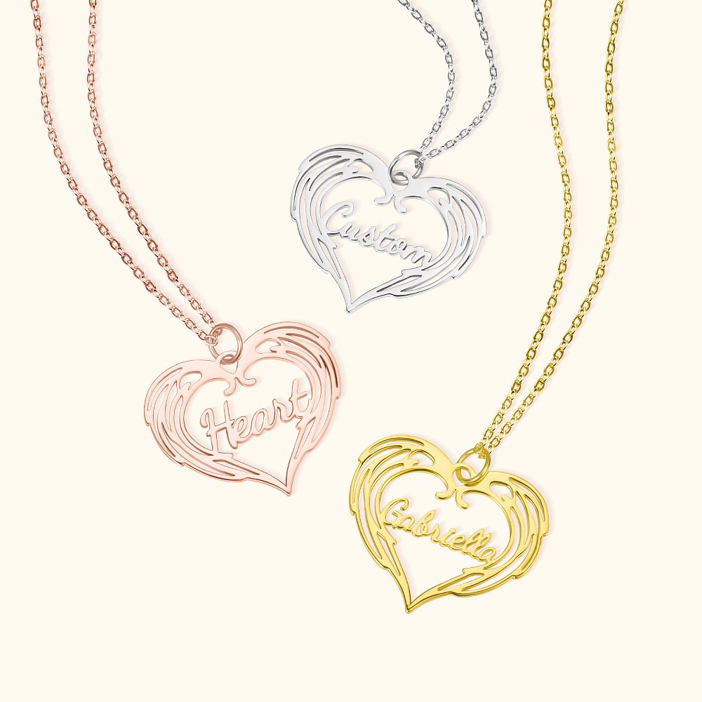 Pendentif Prénom Coeur Ailes d'Ange Collier Personnalisé avec Nom Cadeau St Valentin Anniversaire pour Femme