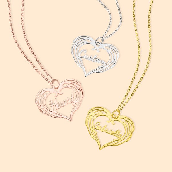 Angel Wings Necklace with Name Heart Jewelry